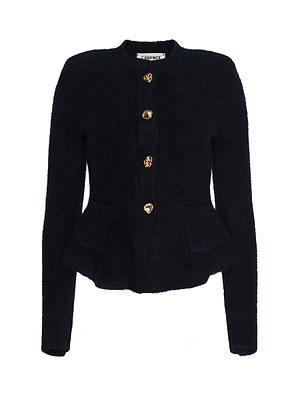 The Melissa Knit Cardigan by L'AGENCE is a black, long-sleeve textured knit with a round neckline, sculpted waist, four gold decorative buttons, and a structured, feminine silhouette.