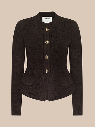 The Melissa Knit Cardigan, featuring a dark brown hue and long sleeves, is crafted from textured yarn and detailed with four gold buttons, two front pockets, and a round neckline—shown against a plain beige background for a timeless women’s knitwear look.