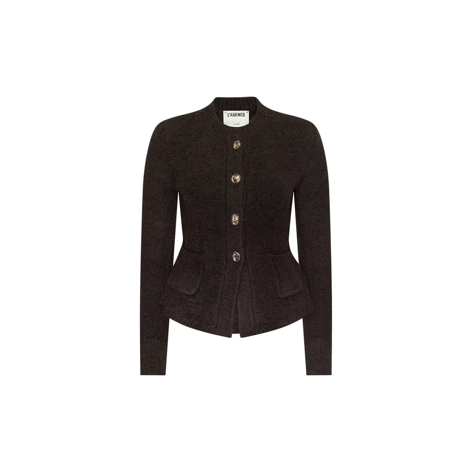 The Melissa Knit Cardigan is a dark brown, long-sleeve piece crafted from elegant textured knit yarn, featuring four decorative buttons, two front pockets, and a fitted, tailored silhouette. It is displayed against a plain white background.