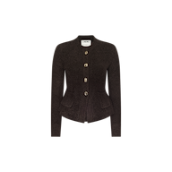 The Melissa Knit Cardigan is a dark brown, long-sleeve piece crafted from elegant textured knit yarn, featuring four decorative buttons, two front pockets, and a fitted, tailored silhouette. It is displayed against a plain white background.