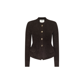 The Melissa Knit Cardigan is a dark brown, long-sleeve piece crafted from elegant textured knit yarn, featuring four decorative buttons, two front pockets, and a fitted, tailored silhouette. It is displayed against a plain white background.