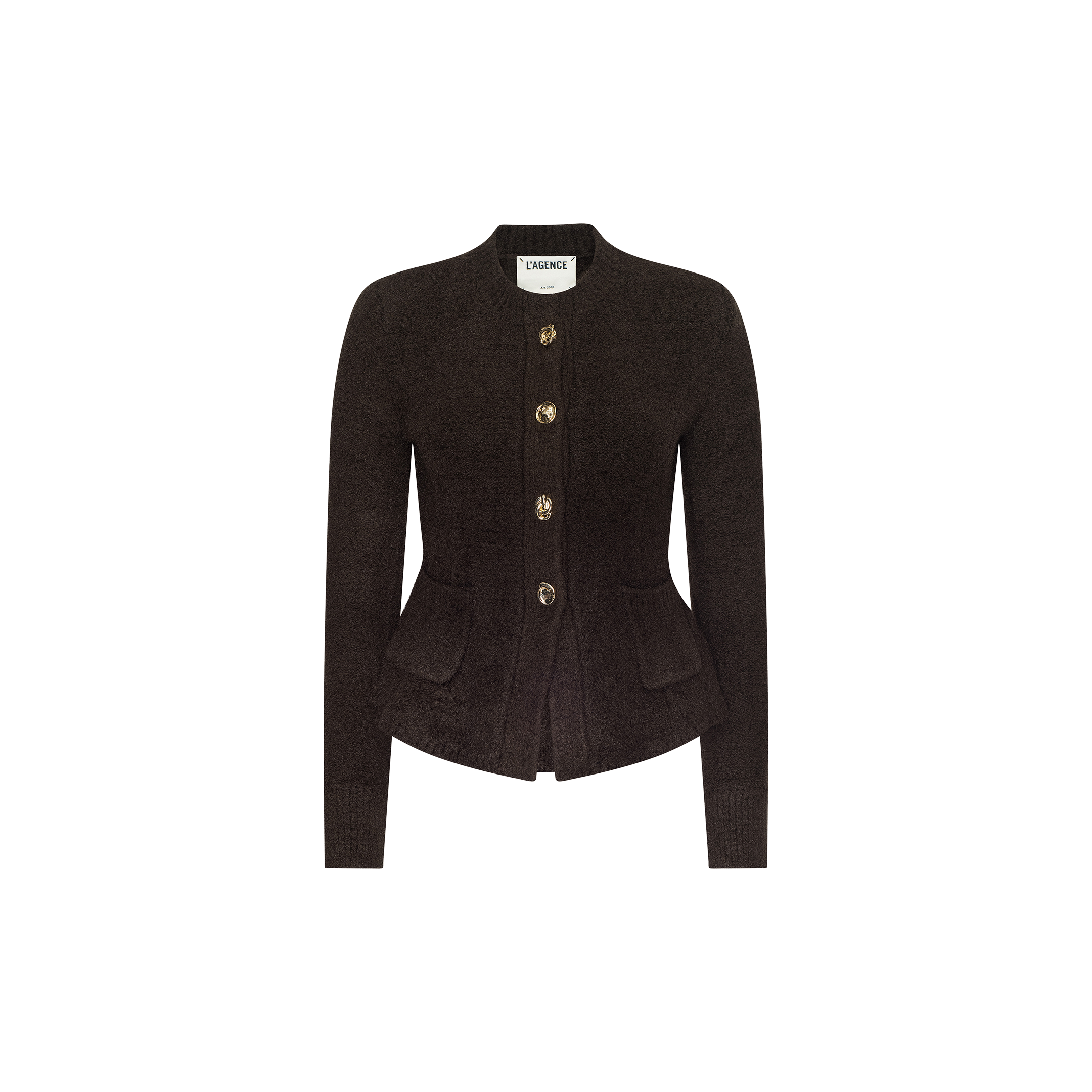 The Melissa Knit Cardigan is a dark brown, long-sleeve piece crafted from elegant textured knit yarn, featuring four decorative buttons, two front pockets, and a fitted, tailored silhouette. It is displayed against a plain white background.