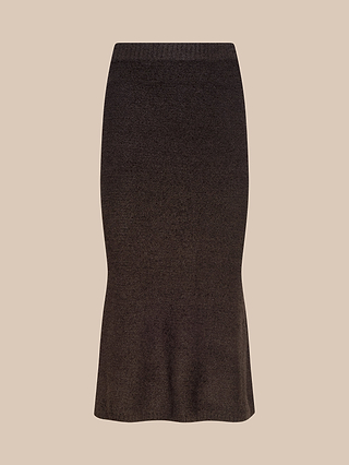 The Salem Knit Skirt, a dark brown, knee-length textured piece with a subtly flared hem, is displayed against a plain beige background.