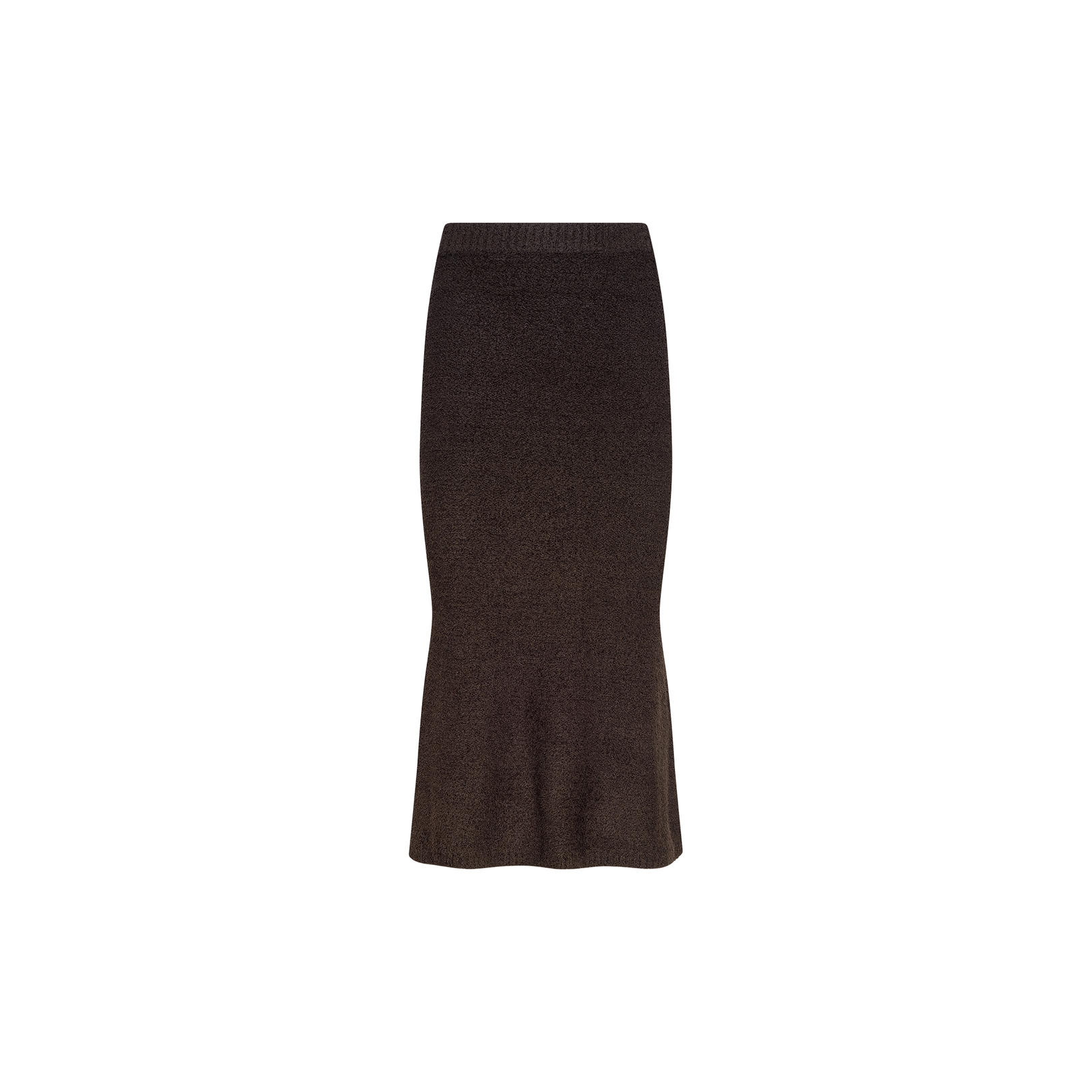 The Salem Knit Skirt is a dark brown, high-waisted midi skirt crafted from soft knit fabric with a textured finish and a subtle flare at the hem, shown against a plain white background.