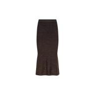 The Salem Knit Skirt is a dark brown, high-waisted midi skirt crafted from soft knit fabric with a textured finish and a subtle flare at the hem, shown against a plain white background.