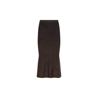The Salem Knit Skirt is a dark brown, high-waisted midi skirt crafted from soft knit fabric with a textured finish and a subtle flare at the hem, shown against a plain white background.