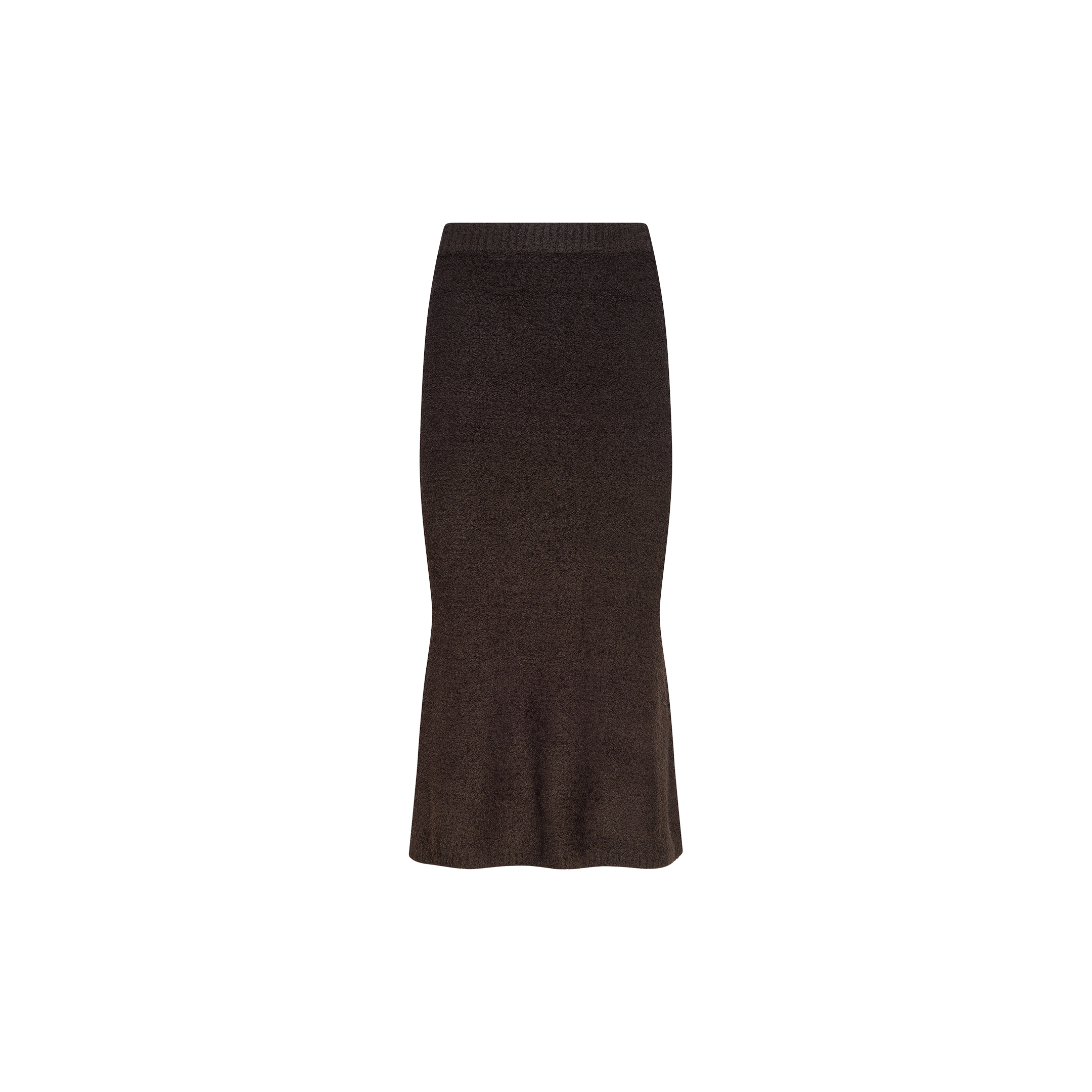 The Salem Knit Skirt is a dark brown, high-waisted midi skirt crafted from soft knit fabric with a textured finish and a subtle flare at the hem, shown against a plain white background.
