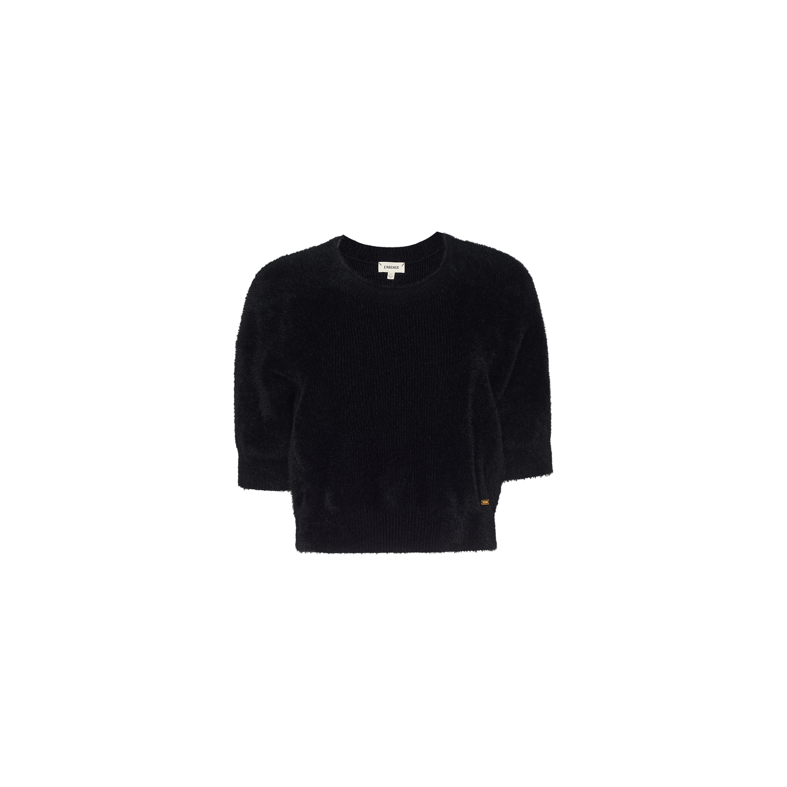 Guinevere Cropped Pullover in ultra soft black knit, featuring three-quarter length sleeves, a luxe crewneck neckline, and a relaxed fit, displayed on a plain white background.