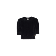 Guinevere Cropped Pullover in ultra soft black knit, featuring three-quarter length sleeves, a luxe crewneck neckline, and a relaxed fit, displayed on a plain white background.