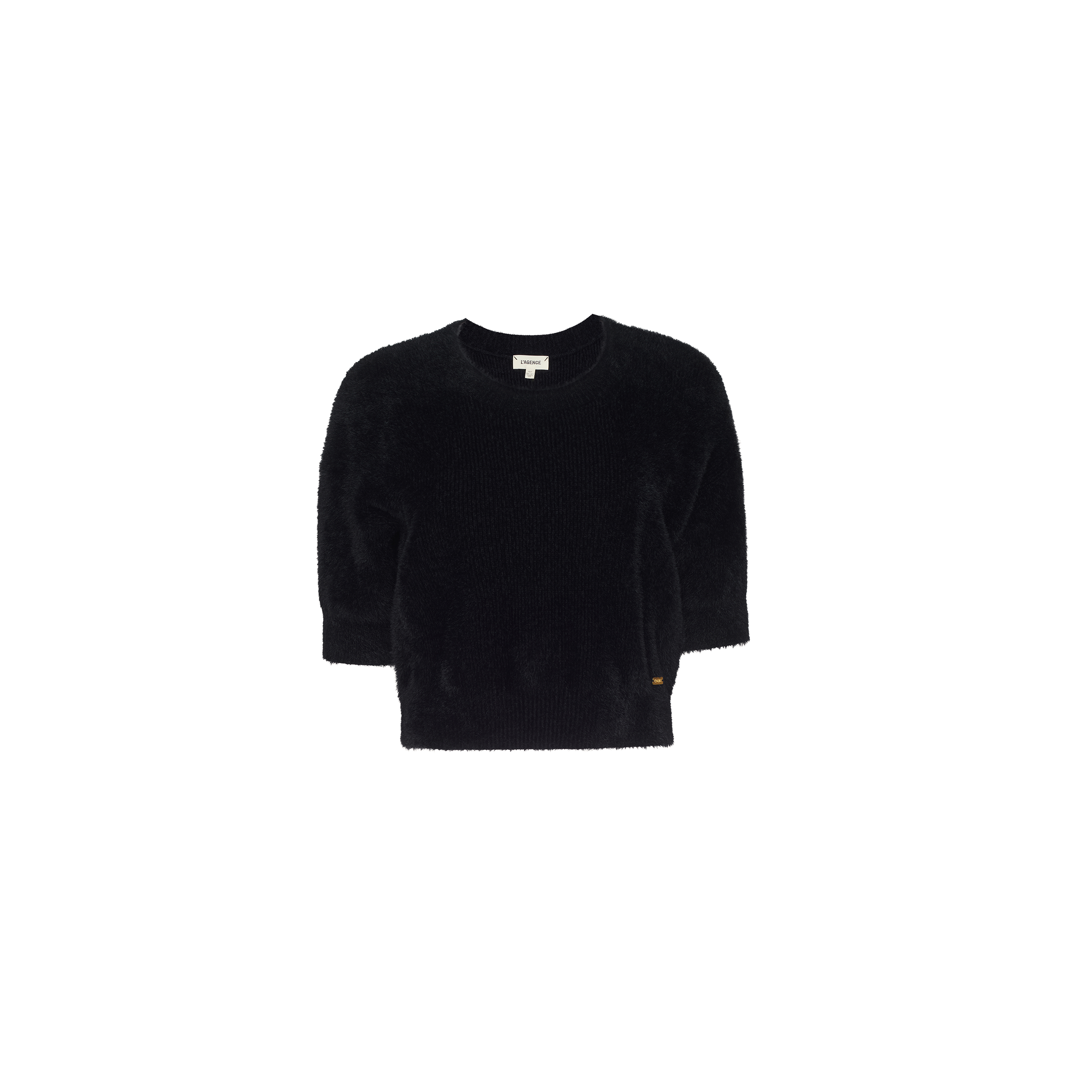 Guinevere Cropped Pullover in ultra soft black knit, featuring three-quarter length sleeves, a luxe crewneck neckline, and a relaxed fit, displayed on a plain white background.
