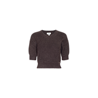 The Guinevere Cropped Pullover, an ultra-soft dark brown knit crewneck sweater featuring short sleeves and a cropped silhouette, is displayed against a plain white background.