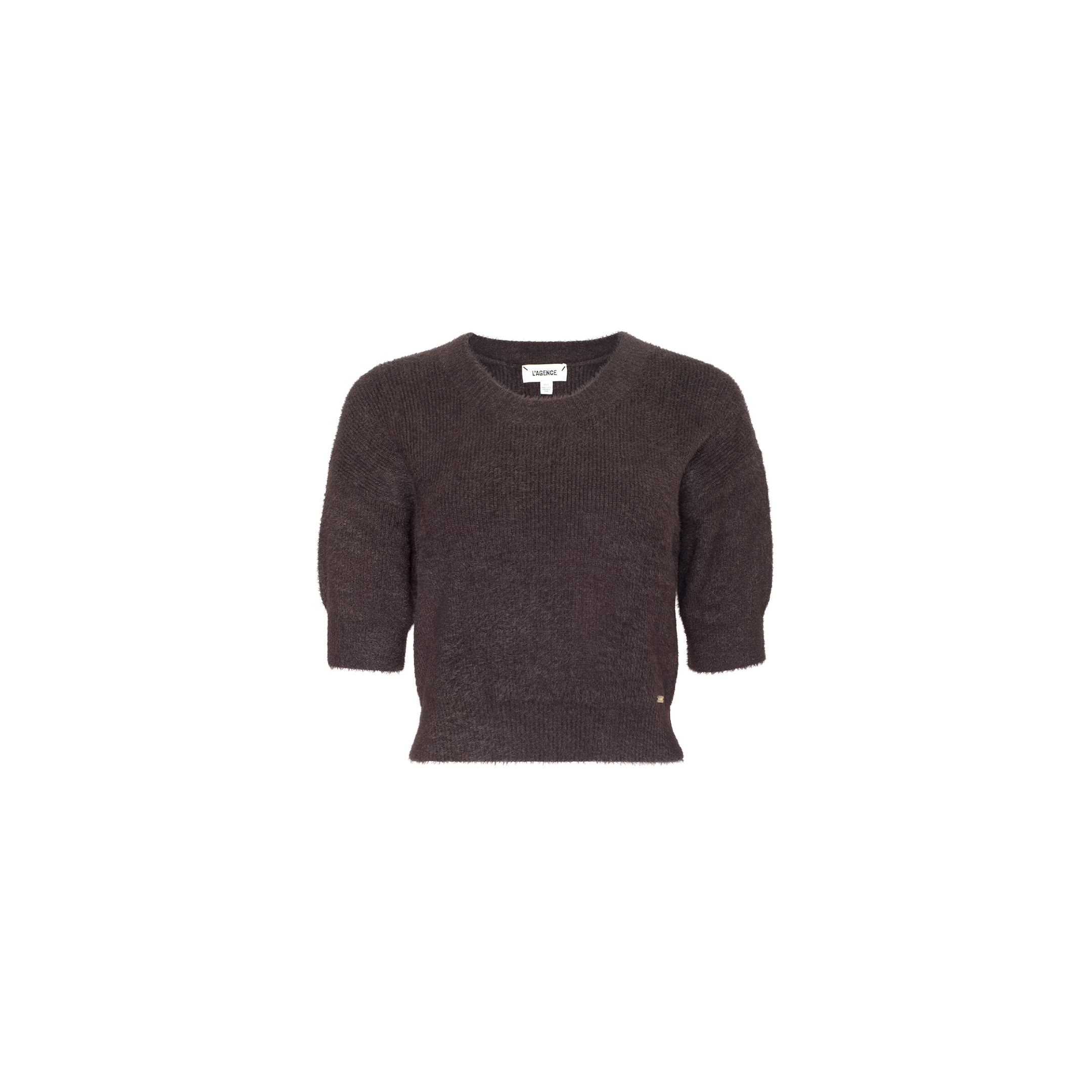 The Guinevere Cropped Pullover, an ultra-soft dark brown knit crewneck sweater featuring short sleeves and a cropped silhouette, is displayed against a plain white background.