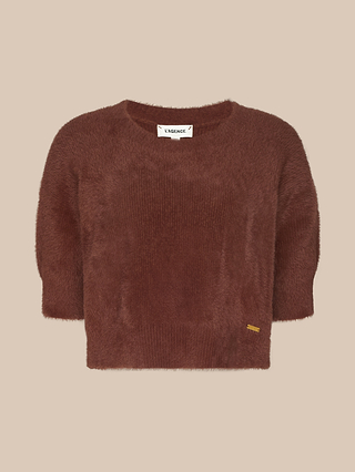 The Guinevere Cropped Pullover is an ultra soft, fuzzy brown knit crewneck sweater featuring three-quarter sleeves and a cropped silhouette, displayed against a beige background. The label reads LAGENCE, and a small gold tag accents the bottom hem.