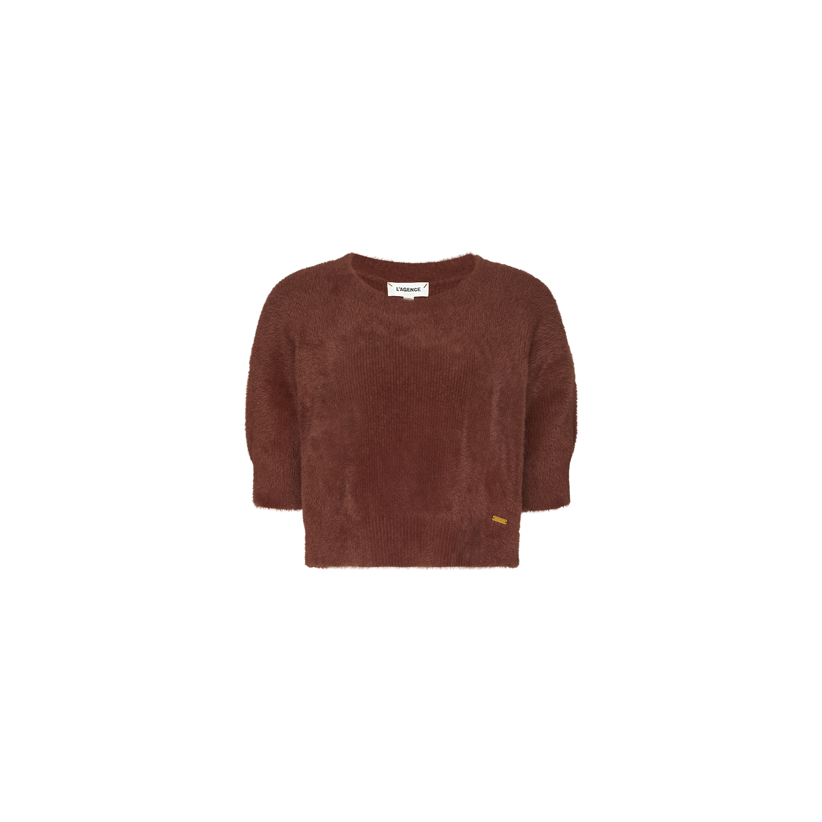 Guinevere Cropped Pullover—brown, ultra soft fuzzy knit crewneck sweater featuring three-quarter sleeves, a cropped silhouette, and a small rectangular label near the hem—displayed against a plain white background.