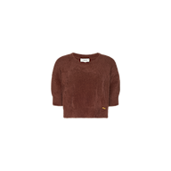 Guinevere Cropped Pullover—brown, ultra soft fuzzy knit crewneck sweater featuring three-quarter sleeves, a cropped silhouette, and a small rectangular label near the hem—displayed against a plain white background.