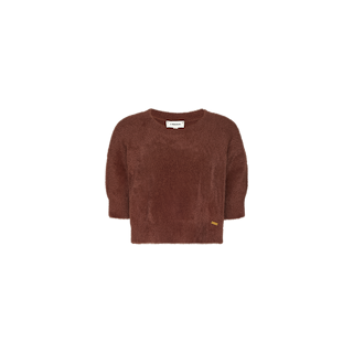 The Guinevere Cropped Pullover is a fuzzy, ultra soft knit, long-sleeve brown crewneck sweater featuring a small rectangular tag near the bottom hem, displayed on a plain white background.