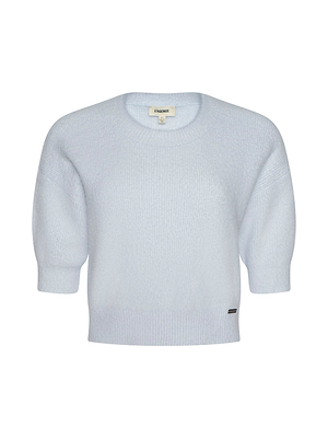 The Guinevere Cropped Pullover is a light blue, short-sleeved knit crewneck sweater with a slightly loose fit and a small black rectangular label near the hem, displayed against a white background.