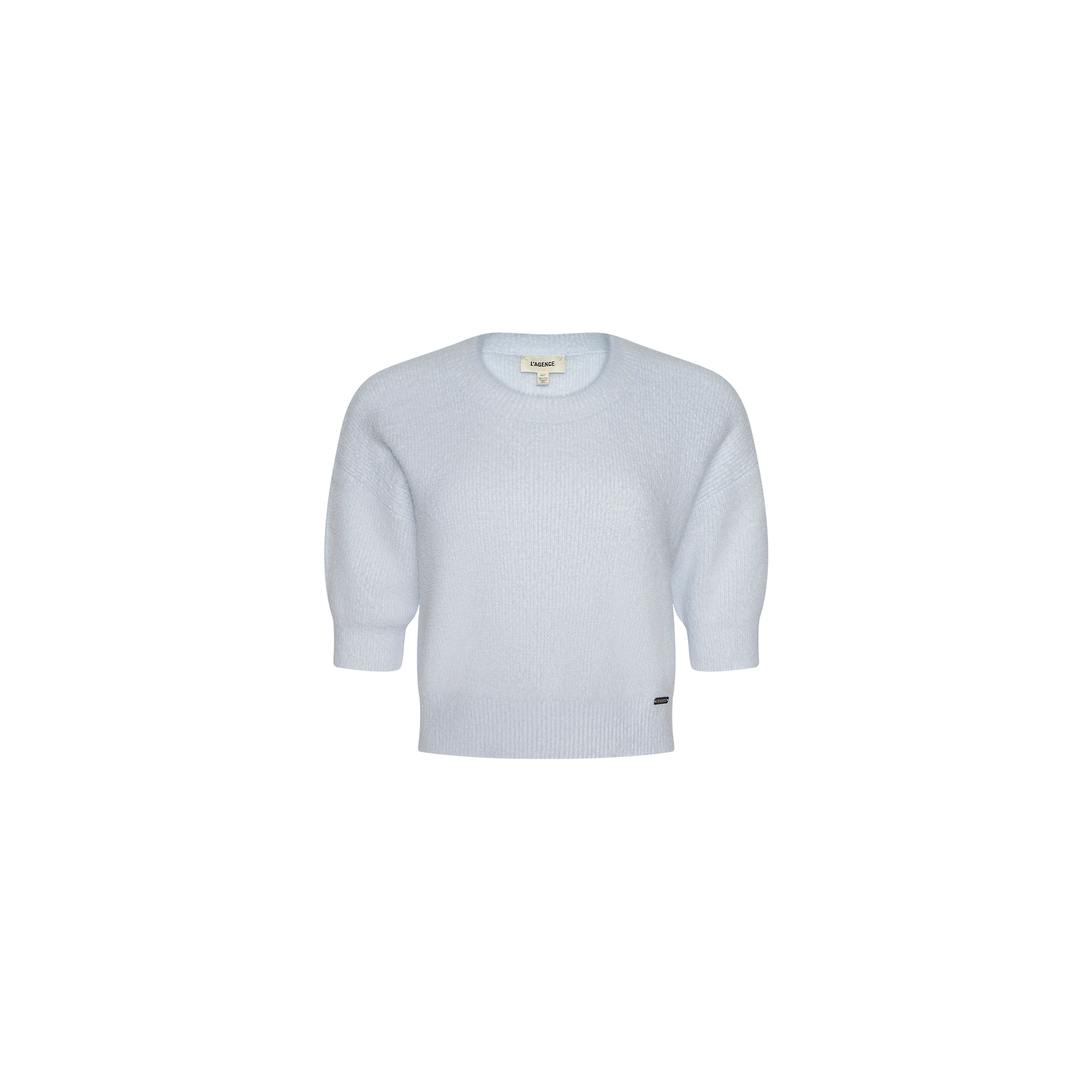 Guinevere Cropped Pullover in light blue features a soft knit texture, long sleeves with ribbed cuffs, and a classic crewneck silhouette, shown against a plain white background.