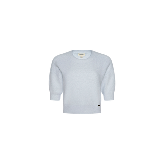 The Guinevere Cropped Pullover is a light blue, long-sleeve crewneck sweater with a cropped silhouette, crafted from soft knit fabric. It features ribbed cuffs and hem, and is displayed against a plain white background. A small brand tag is visible near the bottom hem.