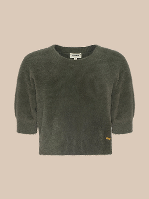 The Guinevere Cropped Pullover is a dark olive green, fuzzy knit crewneck sweater with short sleeves, a round neck, ribbed texture, relaxed fit, and a slightly cropped silhouette, shown against a light beige background.