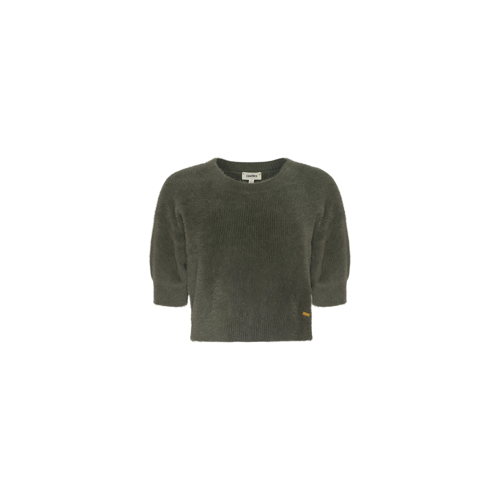 Guinevere Cropped Pullover in dark olive green, featuring long sleeves and a crewneck with a relaxed fit. Displayed against a plain white background, this sweater includes a small tag near the bottom hem.