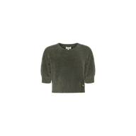 Guinevere Cropped Pullover in dark olive green, featuring long sleeves and a crewneck with a relaxed fit. Displayed against a plain white background, this sweater includes a small tag near the bottom hem.