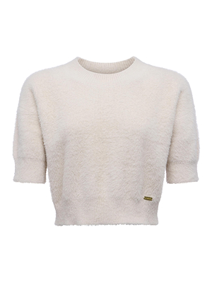 The Guinevere Cropped Pullover by L'AGENCE is a soft white crewneck sweater with short sleeves, a fuzzy knit texture, fitted waist, cropped silhouette, and a small metallic tag near the hem, shown on a plain white background.