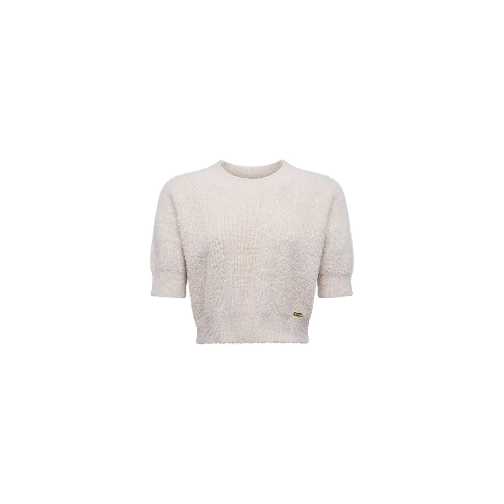 The Guinevere Cropped Pullover, an ultra-soft knit short-sleeve crewneck sweater in cream with a round neckline and a small gold tag near the hem, is displayed on a plain white background.