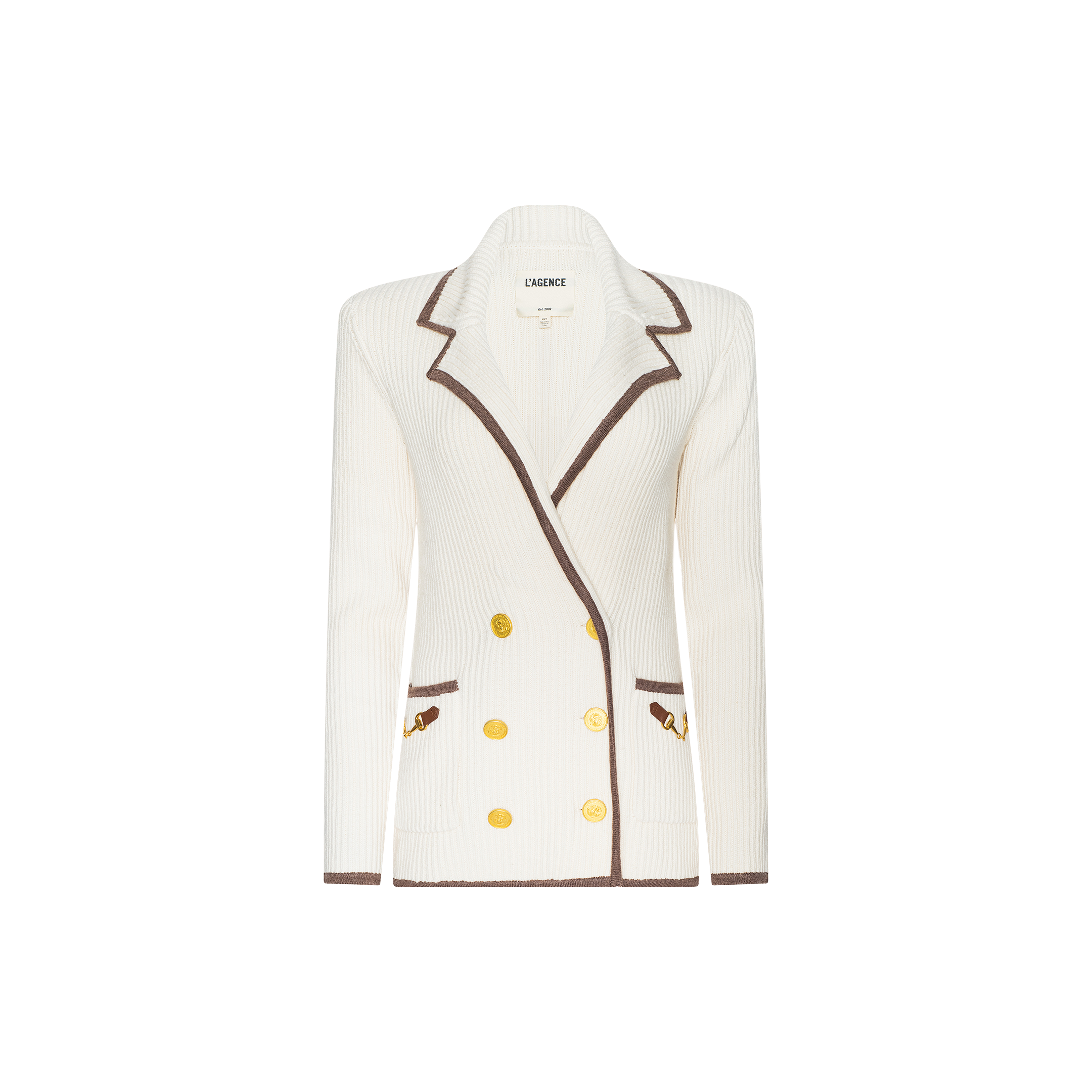 Ranch Knit Blazer in white ribbed knit, featuring a double-breasted design with brown trim, gold buttons, and two front pockets, displayed on a plain white background.