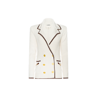 Ranch Knit Blazer in white ribbed knit, featuring a double-breasted design with brown trim, gold buttons, and two front pockets, displayed on a plain white background.