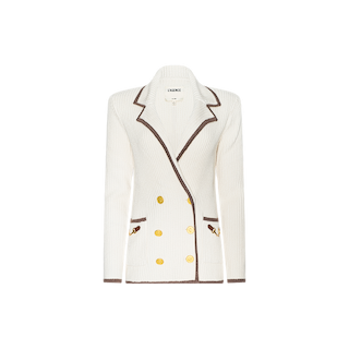 Ranch Knit Blazer in ivory ribbed knit with brown trim features a notched collar, double-breasted front with six gold buttons, and two front pockets accented by brown button details, shown against a plain white background.