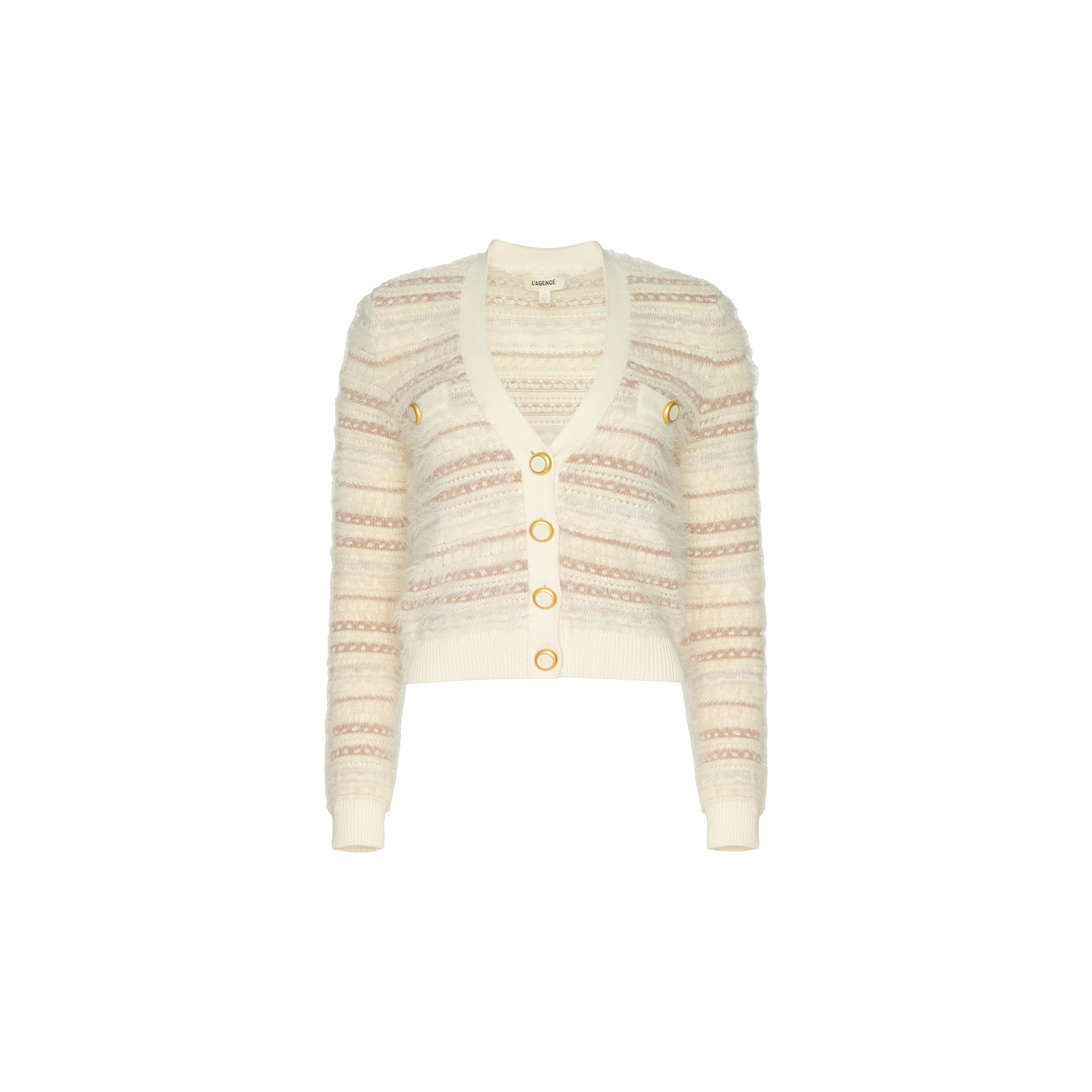The Ariadne Cardigan is a cream and beige striped piece featuring gold buttons and long sleeves, crafted from a soft cotton-blend and displayed against a plain white background.
