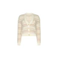 The Ariadne Cardigan is a cream and beige striped piece featuring gold buttons and long sleeves, crafted from a soft cotton-blend and displayed against a plain white background.