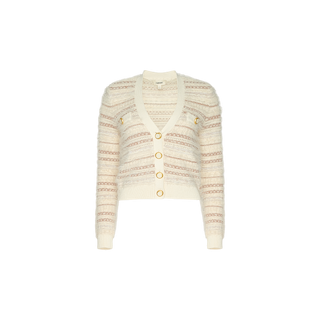 The Ariadne Cardigan is a cream-colored, long-sleeve cropped sweater featuring horizontal pink stripes, gold buttons down the front, and two decorative gold buttons on the chest. Crafted from a cozy cotton blend, this top is shown against a plain white background.