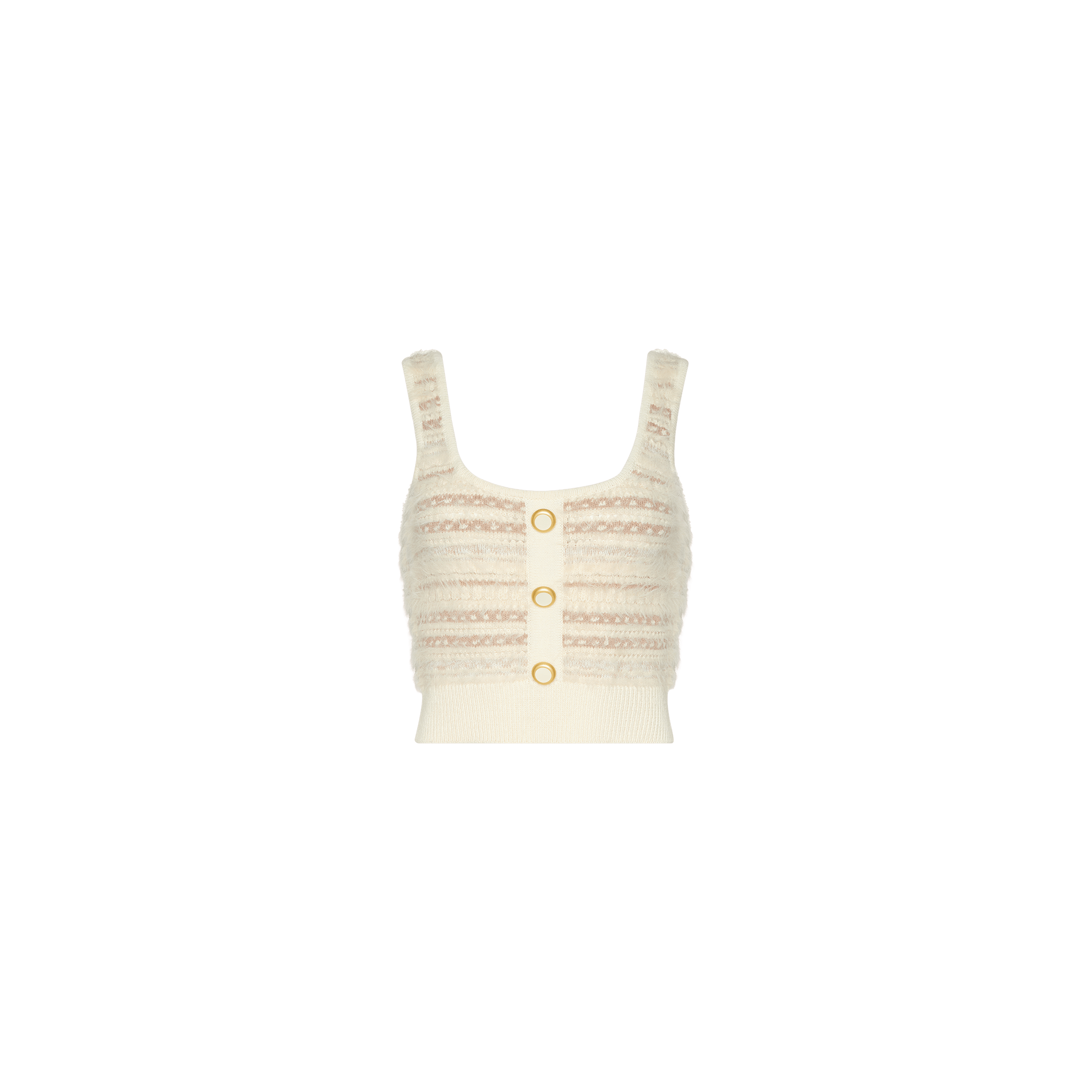 The Galene Tank is a cream-colored cropped knit tank featuring wide straps, decorative buttons along the front, and a subtle horizontal stripe pattern in light pink and beige tones. The garment is shown against a white background.