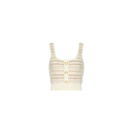 The Galene Tank is a cream-colored cropped knit tank featuring wide straps, decorative buttons along the front, and a subtle horizontal stripe pattern in light pink and beige tones. The garment is shown against a white background.