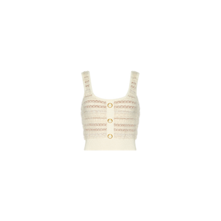 The Galene Tank is a cream-colored cropped knit with wide straps, an eyelash texture, horizontal pale pink stripes, and three vintage-inspired buttons down the front, shown against a white background.