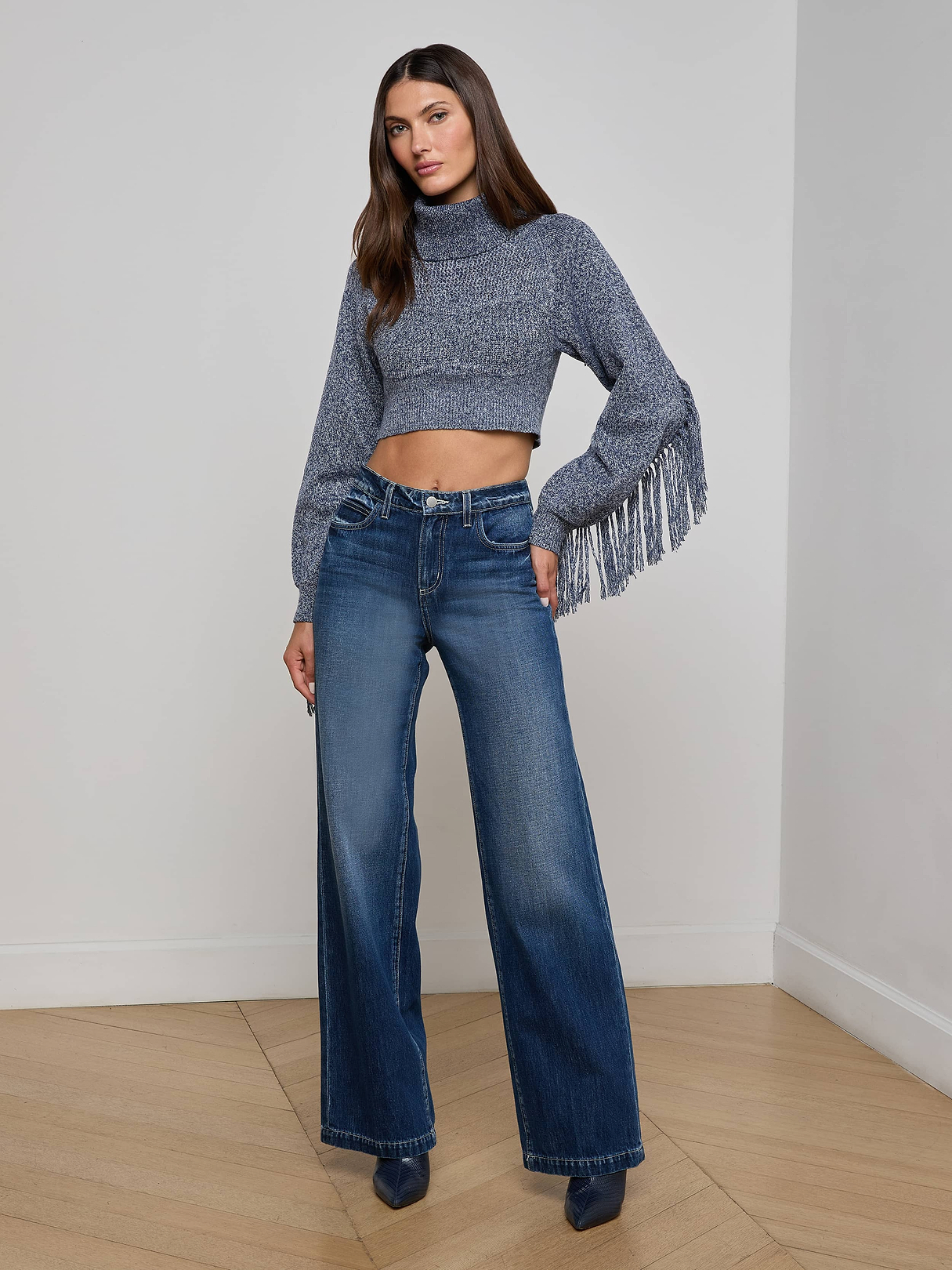 Maddison Fringed Turtleneck in Denim Blue | L'AGENCE
