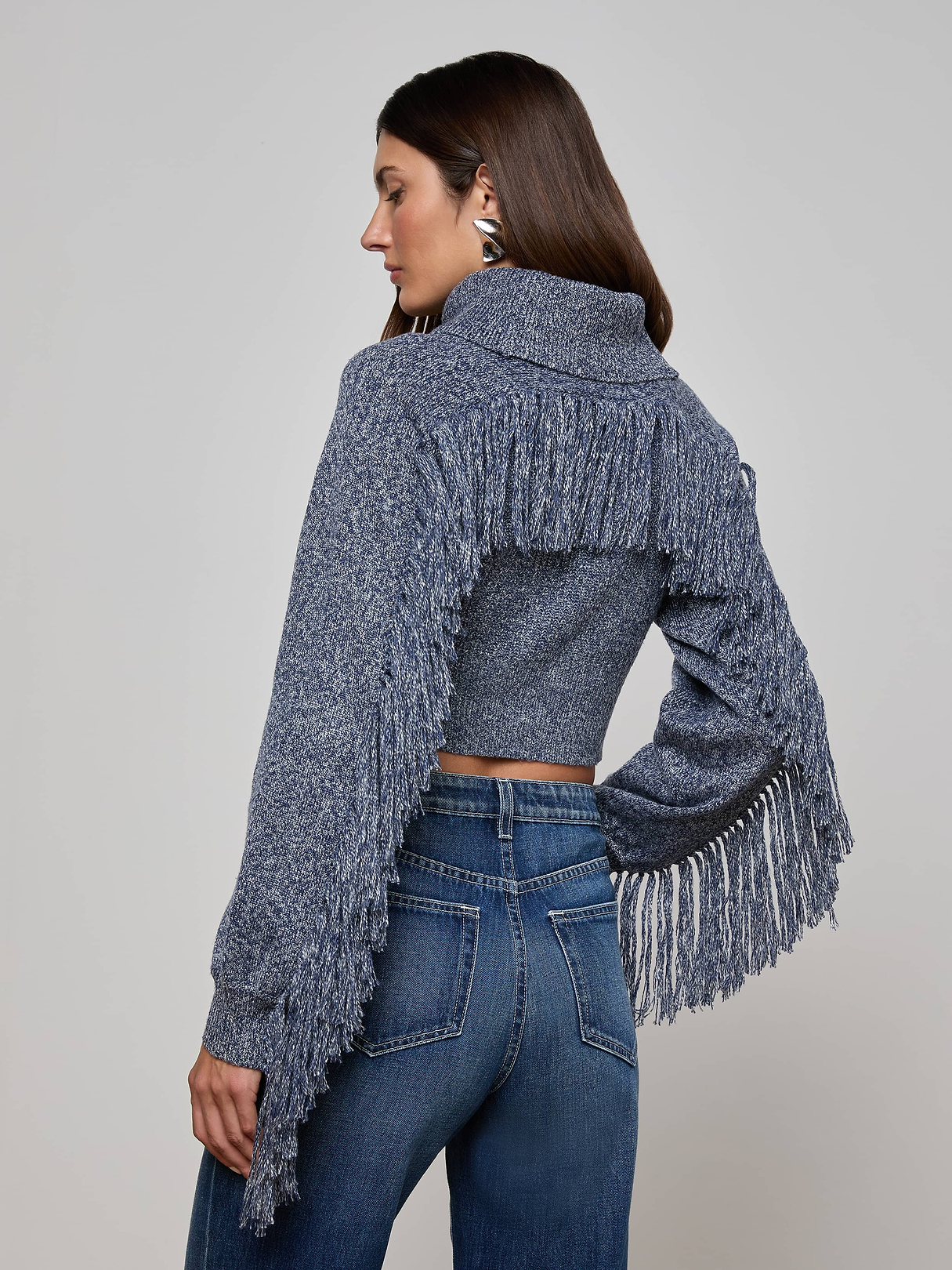 Maddison Fringed Turtleneck in Denim Blue | L'AGENCE