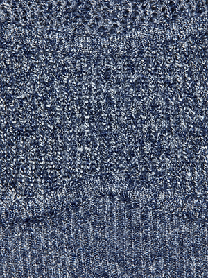 Close-up of the L'AGENCE Maddison Fringed Turtleneck in marled blue, featuring ribbed and textured knit patterns, a horizontal seam, and varied stitch density—a standout statement sweater.