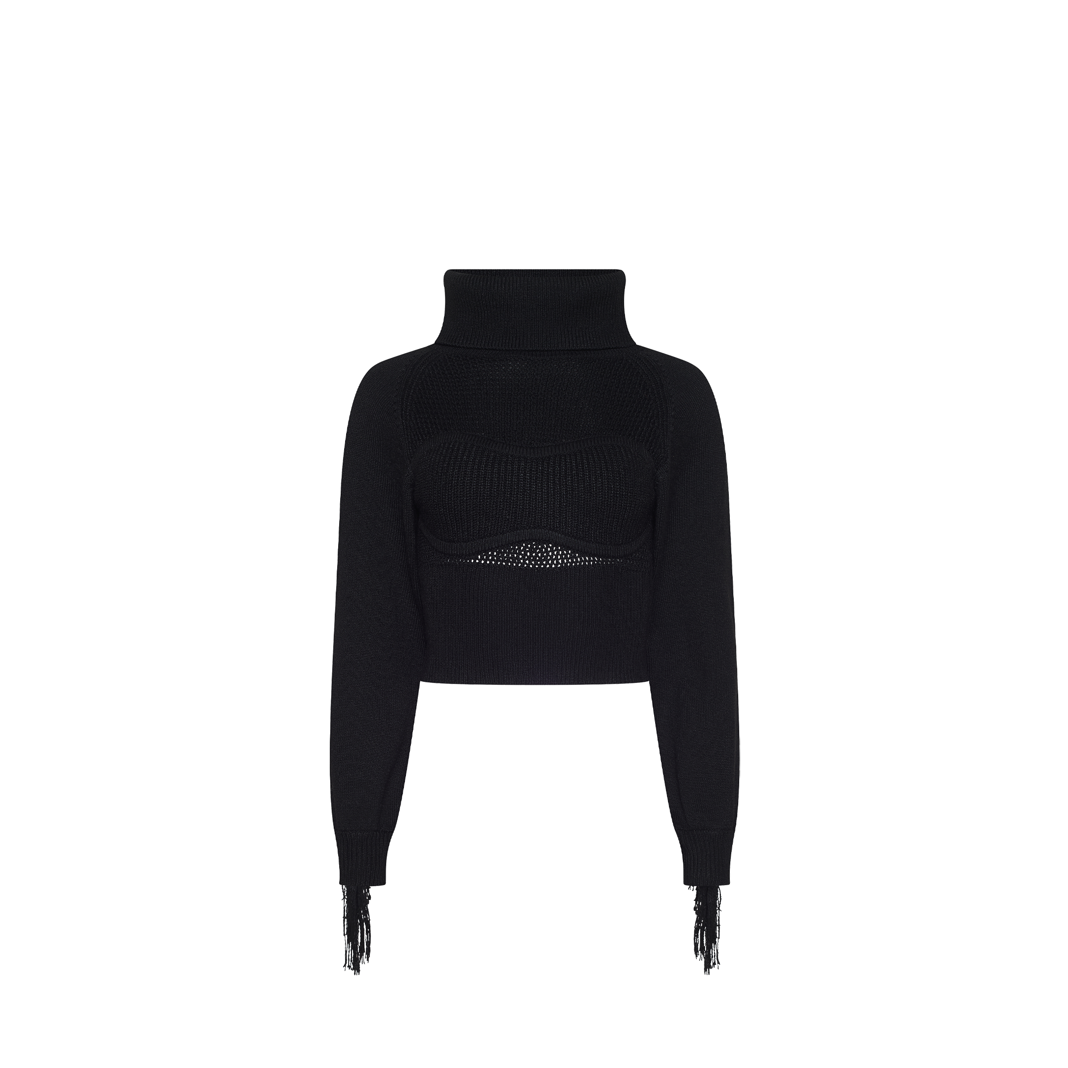 Maddison Turtleneck, a black long-sleeved statement sweater with a marled texture, featuring a bustier-style turtleneck bodice with a cutout detail and fringe at the cuffs.