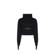Maddison Turtleneck, a black long-sleeved statement sweater with a marled texture, featuring a bustier-style turtleneck bodice with a cutout detail and fringe at the cuffs.