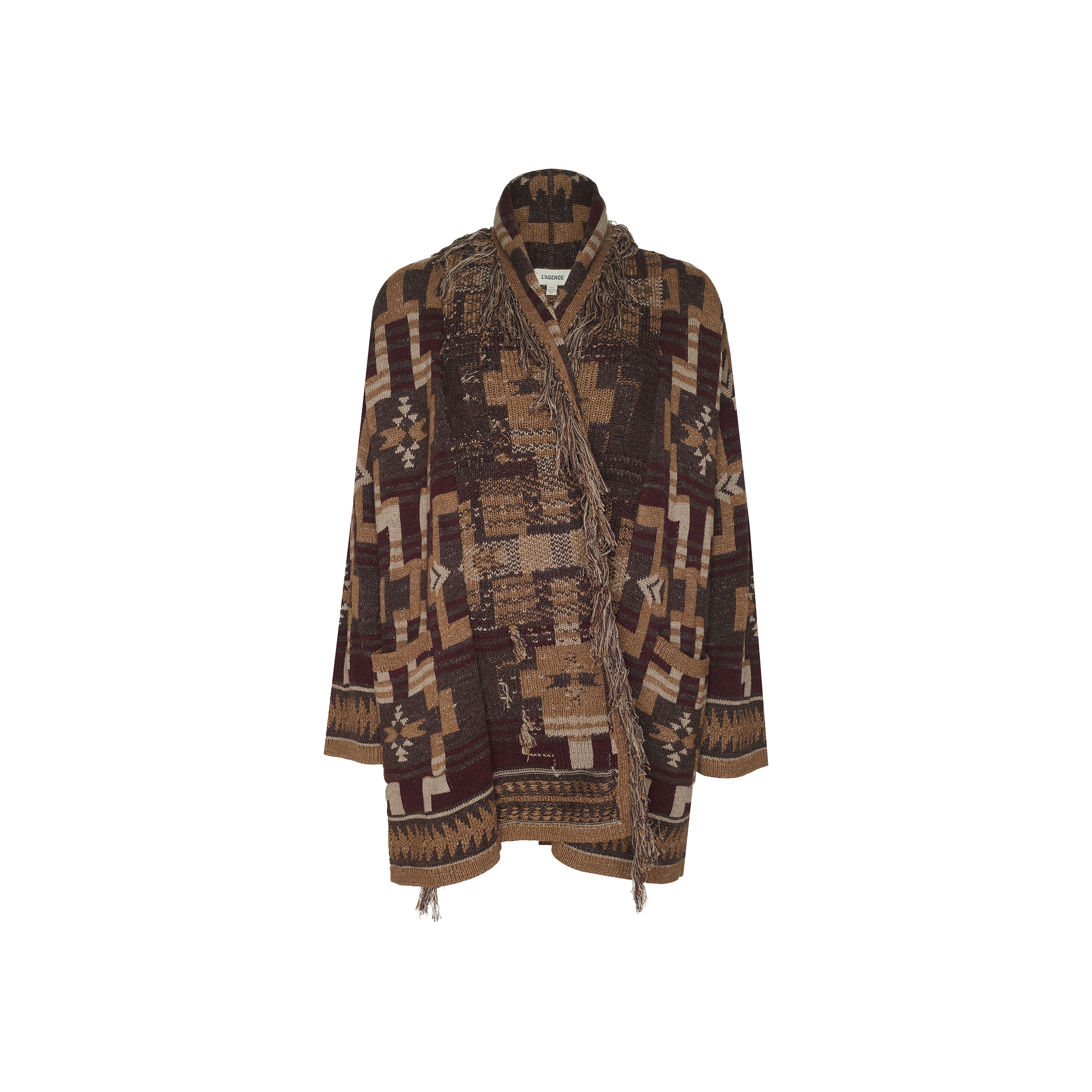 The Jair Cardigan showcases a brown, tan, and maroon color palette with geometric patterns, long sleeves, and a coordinating belt, offering a distinctly boho-chic appeal.