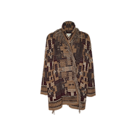 The Jair Cardigan showcases a brown, tan, and maroon color palette with geometric patterns, long sleeves, and a coordinating belt, offering a distinctly boho-chic appeal.