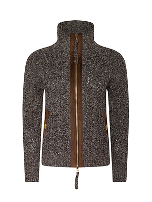 The Shiloh Cable Knit Cardigan by L'AGENCE features a high neck, long sleeves, mottled brown and gray tones, gold zip-front, vegan suede trim accents, and two front pockets with snap button closures.
