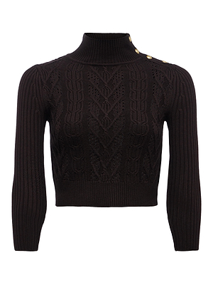 The Kamdyn Cropped Sweater by L'AGENCE is a black, long-sleeve cable knit pullover featuring a mock turtleneck and gold shoulder button detailing for a sophisticated touch.