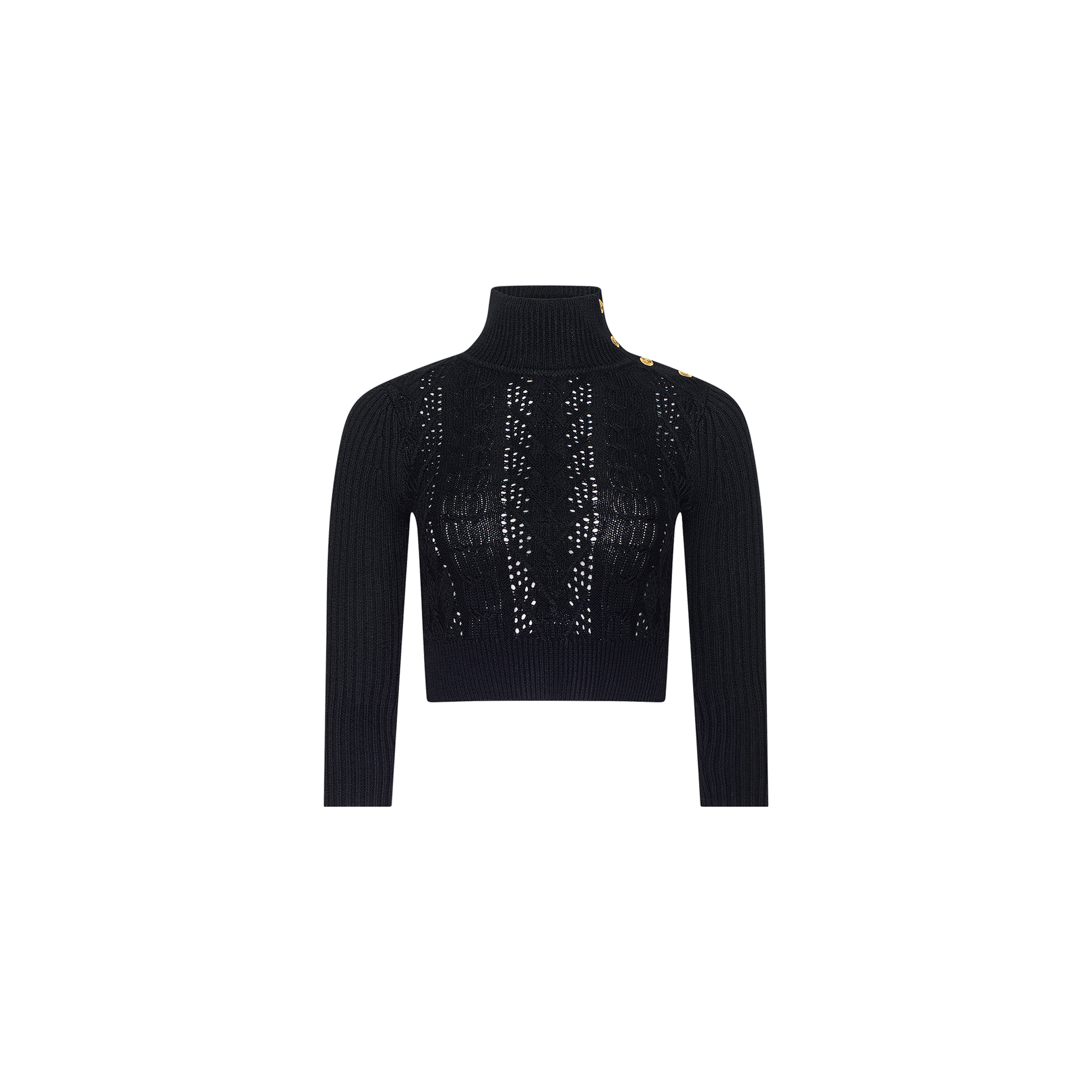 The Kamdyn Cropped Sweater is a black, long-sleeve, cropped mockneck top featuring a ribbed texture, open-knit detailing on the front, and gold buttons embellishing one shoulder, shown against a plain white background.