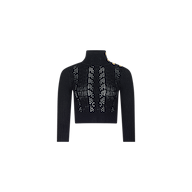 The Kamdyn Cropped Sweater is a black, long-sleeve, cropped mockneck top featuring a ribbed texture, open-knit detailing on the front, and gold buttons embellishing one shoulder, shown against a plain white background.