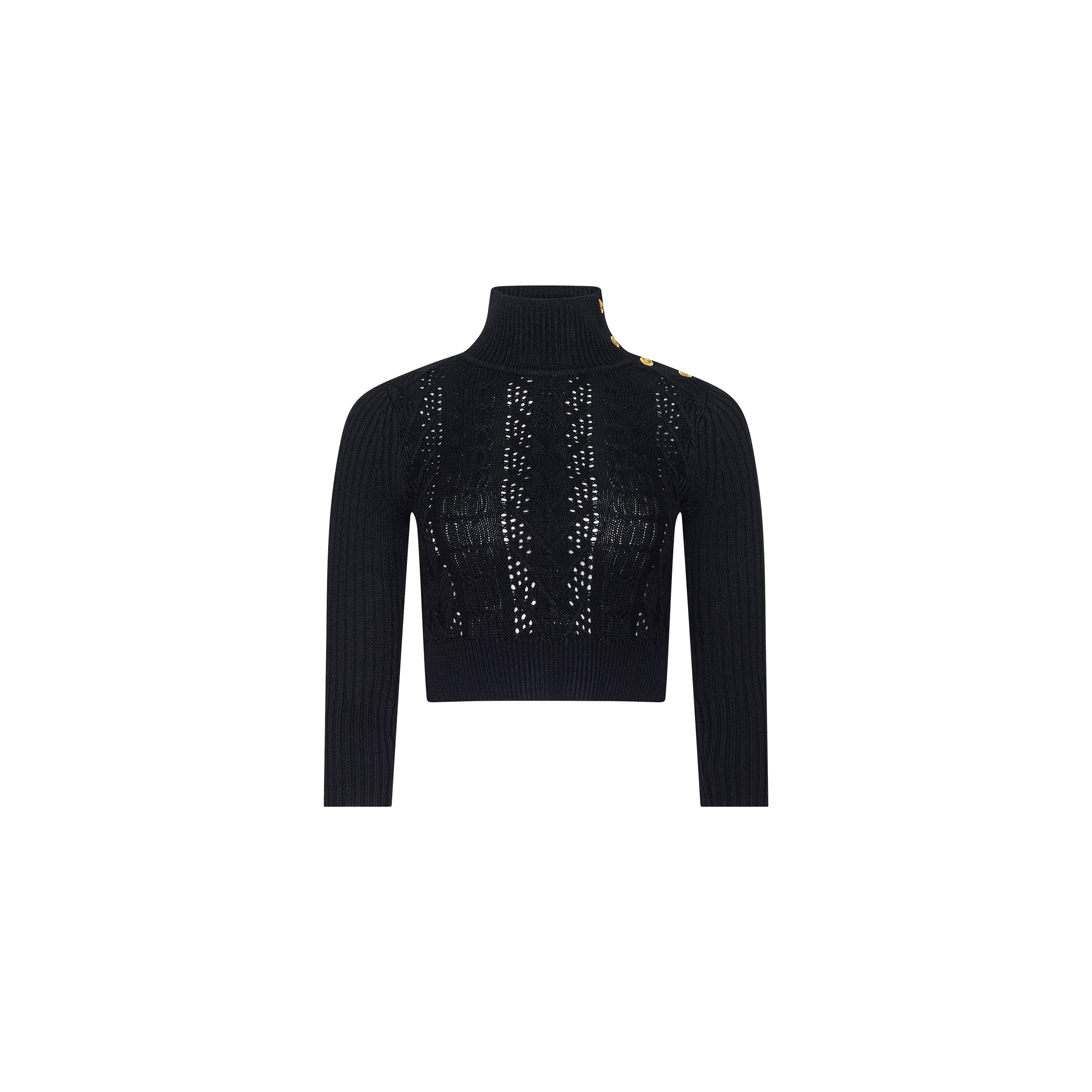 The Kamdyn Cropped Sweater is a black, long-sleeve, cropped mockneck top featuring a ribbed texture, open-knit detailing on the front, and gold buttons embellishing one shoulder, shown against a plain white background.