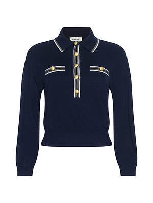 The Malaki Cropped Sweater by L'AGENCE is a navy blue, long-sleeve knit with a collar, gold-tone front buttons, and two chest pockets featuring gold-tone buttons and white striped accents.